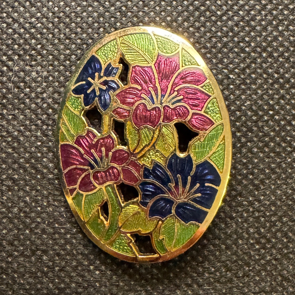 Vintage Cloisonné Floral Oval Brooch / Pendant